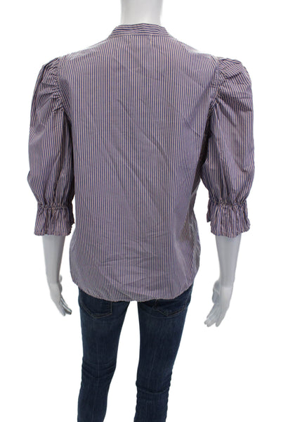 Nation LTD Women Striped V-Neck 3/4 Sleeve Pima Cotton Blouse Blue Size S
