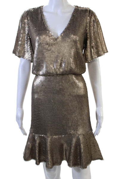 ML Monique Lhuillier Women Blouson Dress Brown V-Neck Short Sleeve Size 6