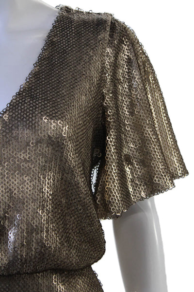 ML Monique Lhuillier Women Blouson Dress Brown V-Neck Short Sleeve Size 6