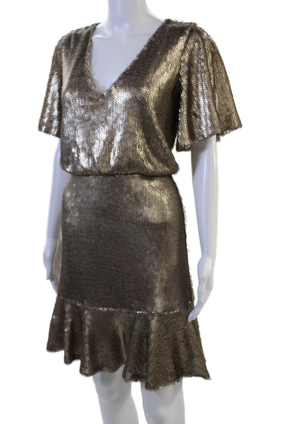 ML Monique Lhuillier Women Blouson Dress Brown V-Neck Short Sleeve Size 6
