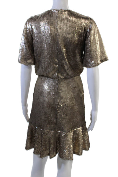 ML Monique Lhuillier Women Blouson Dress Brown V-Neck Short Sleeve Size 6