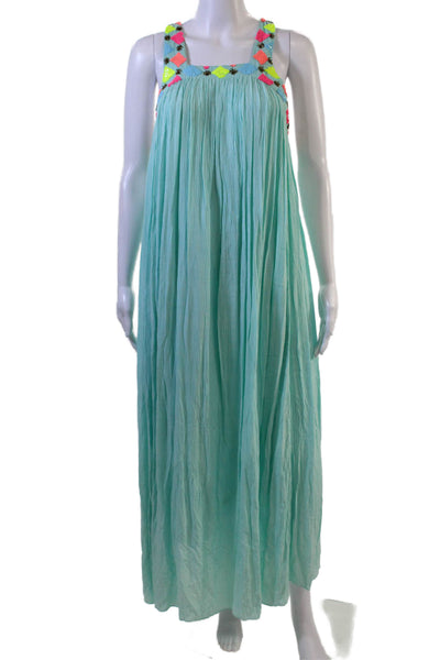 Sundress Women Maxi Light Blue Square Neck Sleeveless Geometric Size XS
