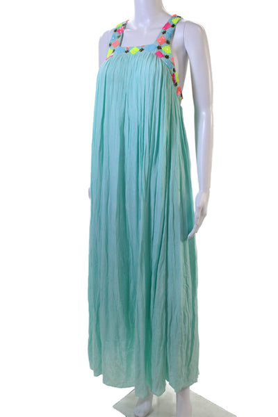 Sundress Women Maxi Light Blue Square Neck Sleeveless Geometric Size XS