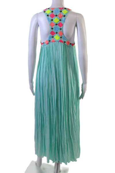 Sundress Women Maxi Light Blue Square Neck Sleeveless Geometric Size XS