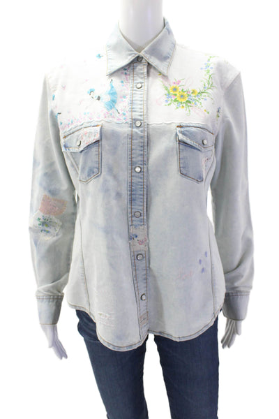 Levi Strauss & Co Women Light Blue Floral Collared Button-Up Long Sleeve Size S