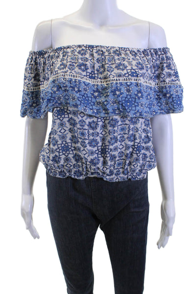 Miss June Womens Blue Floral Cotton Bohemian Short Sleeve Blouse Size S