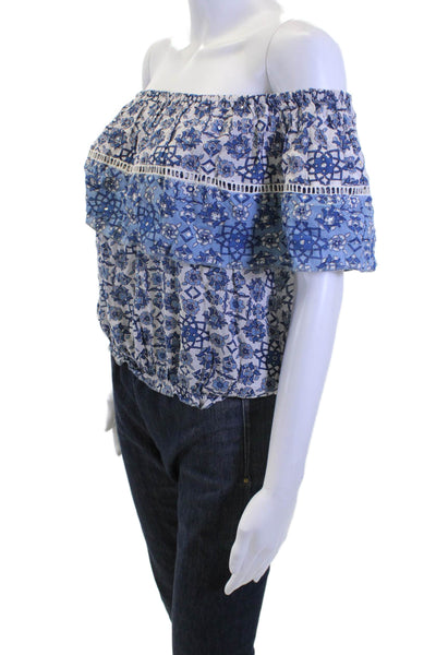Miss June Womens Blue Floral Cotton Bohemian Short Sleeve Blouse Size S