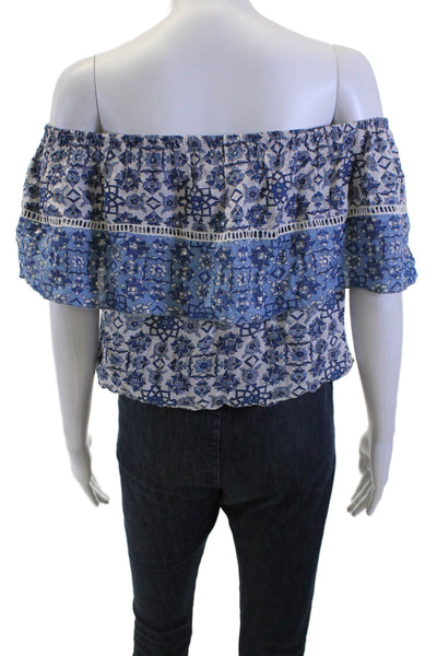 Miss June Womens Blue Floral Cotton Bohemian Short Sleeve Blouse Size S