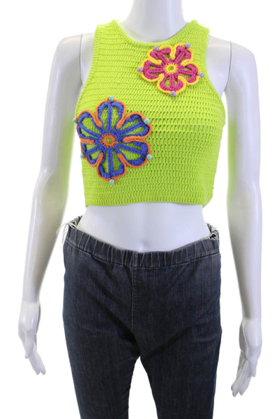 Zara Women Cropped Floral Tank Green Sleeveless Crew Neck Size S