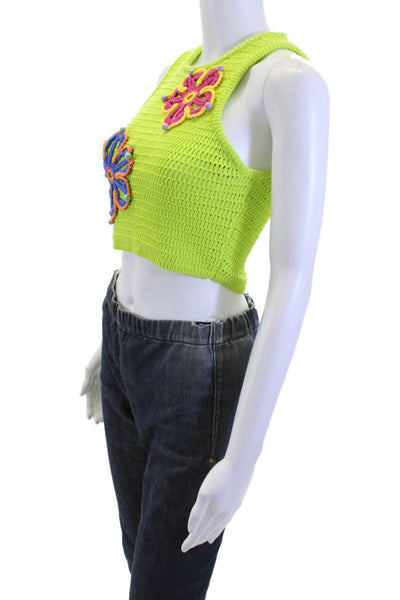 Zara Women Cropped Floral Tank Green Sleeveless Crew Neck Size S