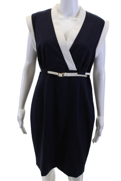 Ellen Tracy Women Sheath Dress Dark Blue V-Neck Sleeveless Short Size 8