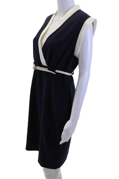 Ellen Tracy Women Sheath Dress Dark Blue V-Neck Sleeveless Short Size 8