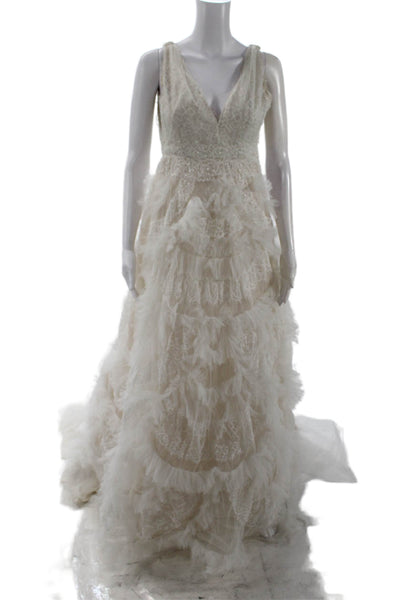 Marchesa Womens Sleeveless Ruffled Full Length Zip Wedding Dress White Size M
