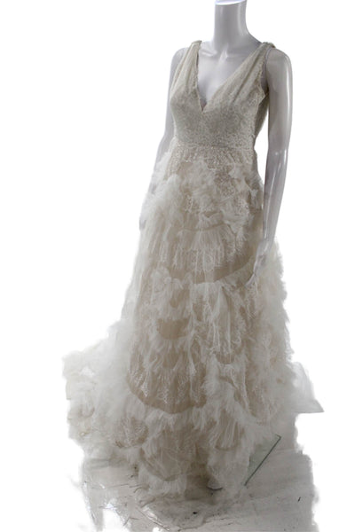 Marchesa Womens Sleeveless Ruffled Full Length Zip Wedding Dress White Size M