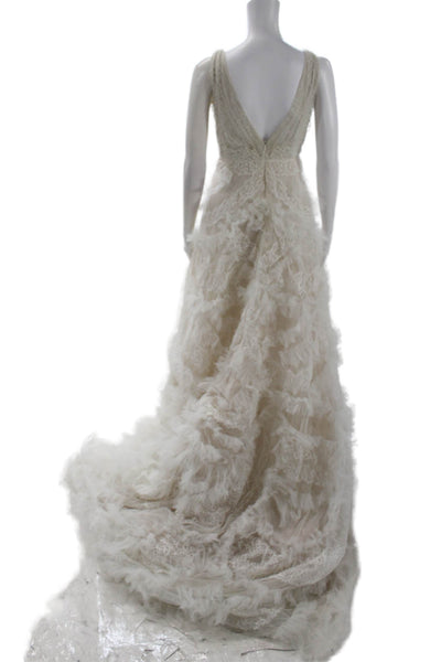 Marchesa Womens Sleeveless Ruffled Full Length Zip Wedding Dress White Size M