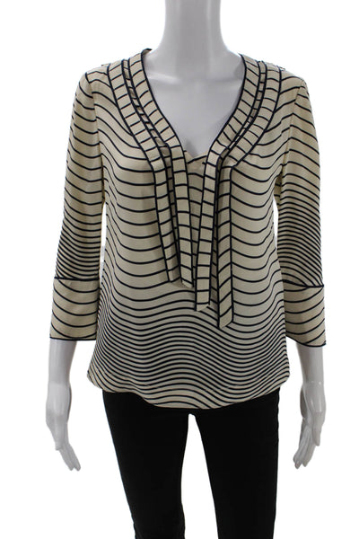 Tory Burch Women Tunic Silk Striped V-Neck 3/4 Sleeve Tie Beige Size 0