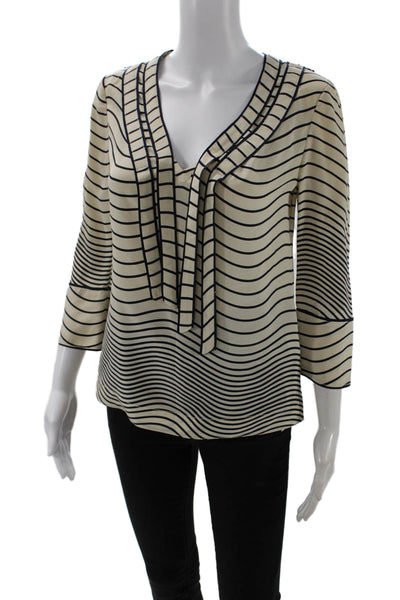 Tory Burch Women Tunic Silk Striped V-Neck 3/4 Sleeve Tie Beige Size 0
