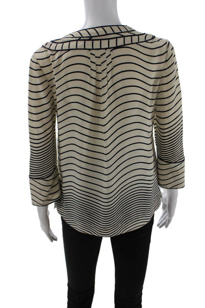 Tory Burch Women Tunic Silk Striped V-Neck 3/4 Sleeve Tie Beige Size 0