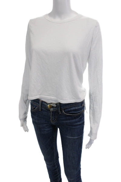 ONZIE Womens Cropped Long Sleeve T-Shirt White Crew Neck Size M