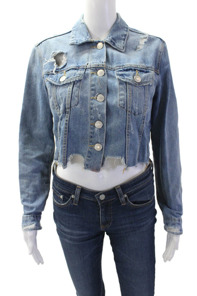 Zara Women 90s Collared Button Cotton Solid Jacket Blue Size S