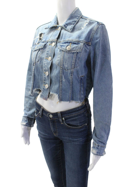 Zara Women 90s Collared Button Cotton Solid Jacket Blue Size S