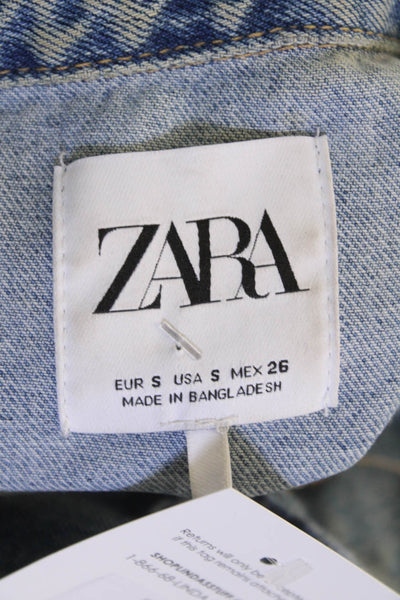 Zara Women 90s Collared Button Cotton Solid Jacket Blue Size S