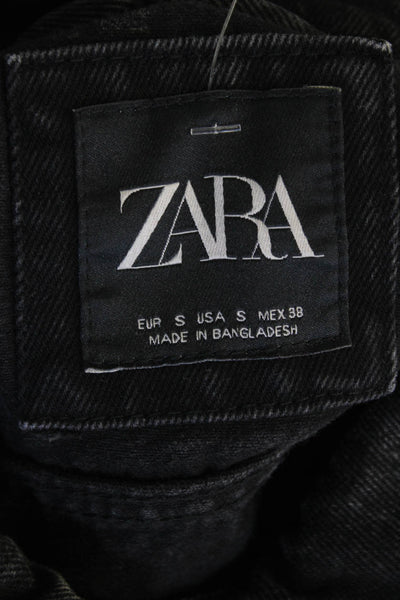 Zara Women Black Cotton Collared Graphic Jacket Long Sleeve Size S