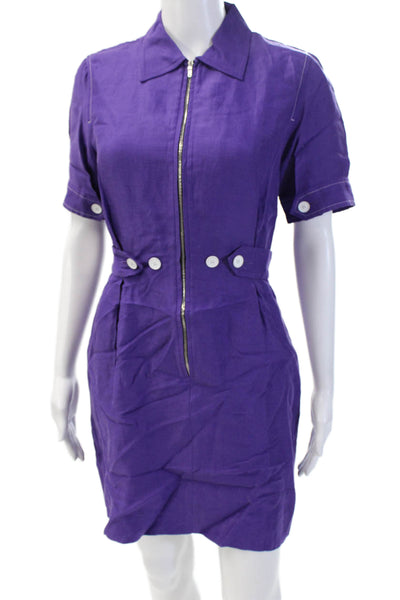 Sandro Paris Women Shirt Dress Purple Collar Short Sleeve Viscose-Linen Size 36