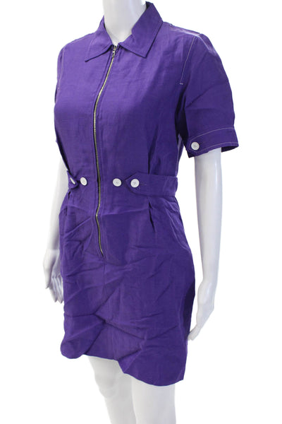 Sandro Paris Women Shirt Dress Purple Collar Short Sleeve Viscose-Linen Size 36