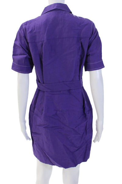 Sandro Paris Women Shirt Dress Purple Collar Short Sleeve Viscose-Linen Size 36