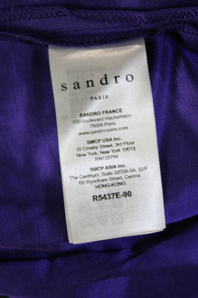 Sandro Paris Women Shirt Dress Purple Collar Short Sleeve Viscose-Linen Size 36