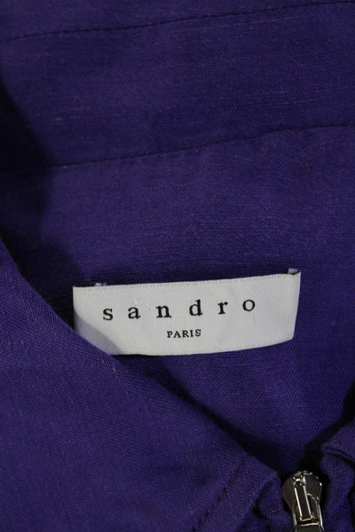 Sandro Paris Women Shirt Dress Purple Collar Short Sleeve Viscose-Linen Size 36