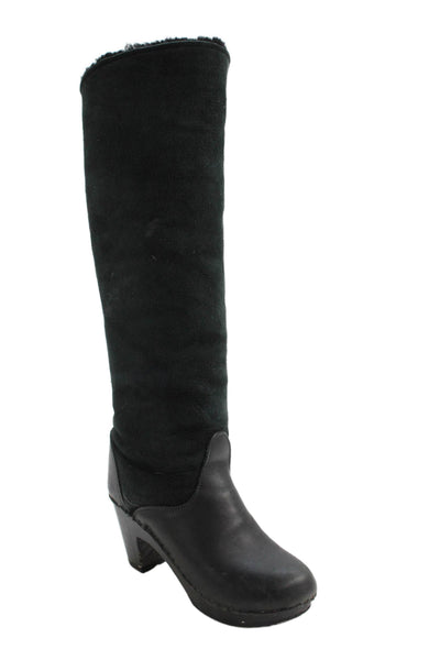 Designer Womens Sheepskin Knee High Boots Heels Black Size 6