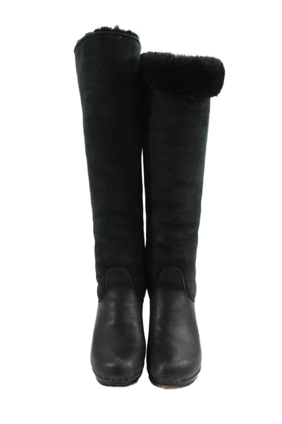Designer Womens Sheepskin Knee High Boots Heels Black Size 6