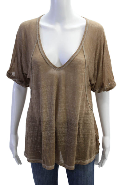 We The Free Women Brown V-Neck Tunic T-Shirt Short Sleeve Cotton Size XS