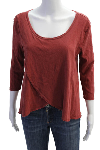 We The Free Women Red Basic T-Shirt Cotton Round Neck 3/4 Sleeve Size XS