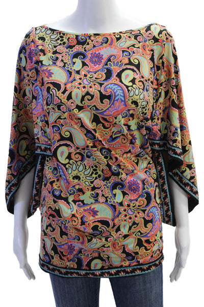 Trina Turk, Women Kimono Tunic Paisley Short Sleeve Black Size XS