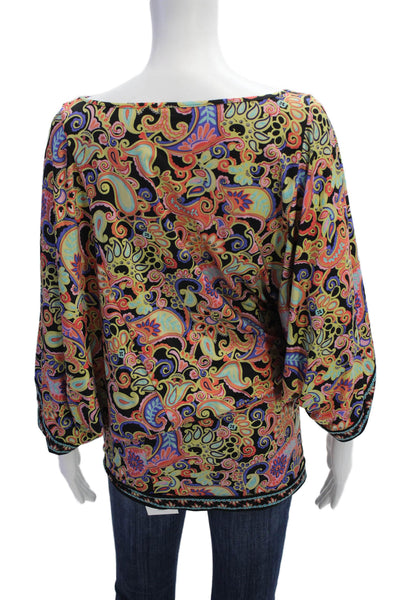 Trina Turk, Women Kimono Tunic Paisley Short Sleeve Black Size XS