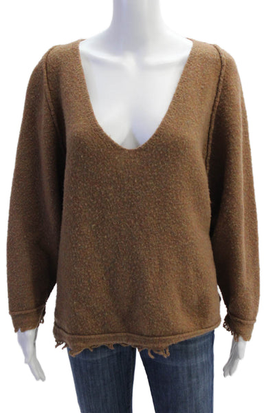 Free People Women Brown Pullover V-Neck Wool Blend Long Sleeve Boho Size XS