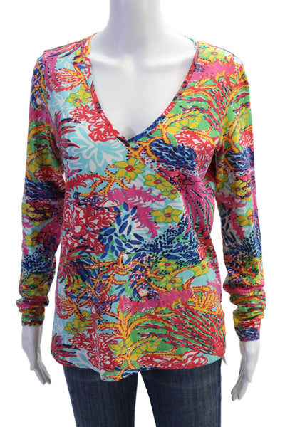 Lilly Pulitzer Women Jersey Floral V-Neck Long Sleeve Multi-Color Size M