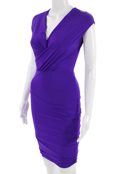 Maje Womens Bodycon Mini Dress Purple V-Neck Short Sleeve Zip Size 34