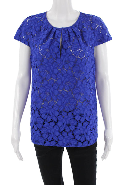 J Crew Women Floral Blue Short Sleeve Round Neck Blouse Size 10