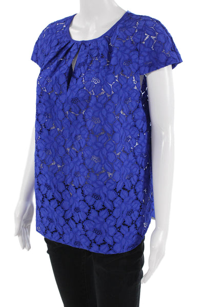 J Crew Women Floral Blue Short Sleeve Round Neck Blouse Size 10