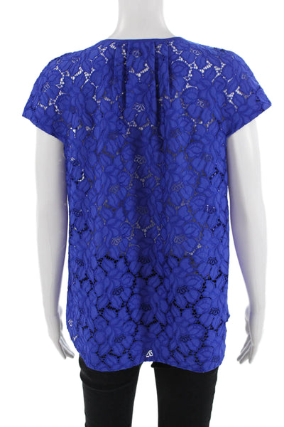 J Crew Women Floral Blue Short Sleeve Round Neck Blouse Size 10