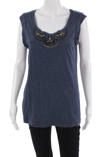 BCBG Max Azria Women Dark Blue Sleeveless Basic T-Shirt Round Neck Size M