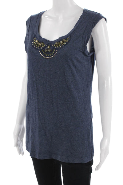 BCBG Max Azria Women Dark Blue Sleeveless Basic T-Shirt Round Neck Size M