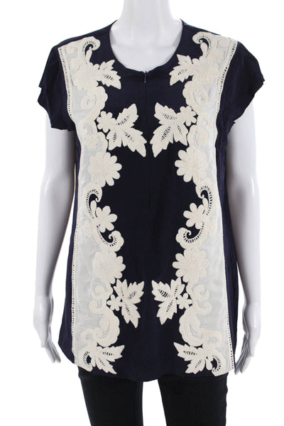 Rungolee Women Tunic Dark Blue Floral Silk Blend Short Sleeve Round Neck Size M
