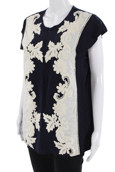 Rungolee Women Tunic Dark Blue Floral Silk Blend Short Sleeve Round Neck Size M