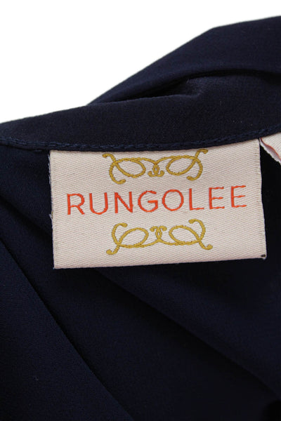 Rungolee Women Tunic Dark Blue Floral Silk Blend Short Sleeve Round Neck Size M