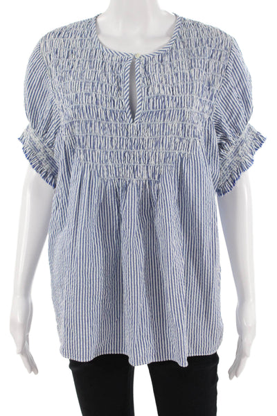 Rungolee Womens Tunic Blouse Blue Striped Round Neck Short Sleeve Size M